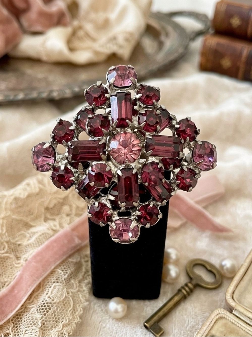 Vintage Amethyst Rhinestone Brooch Multi Tiered Statement Pin Mid Century Coutur
